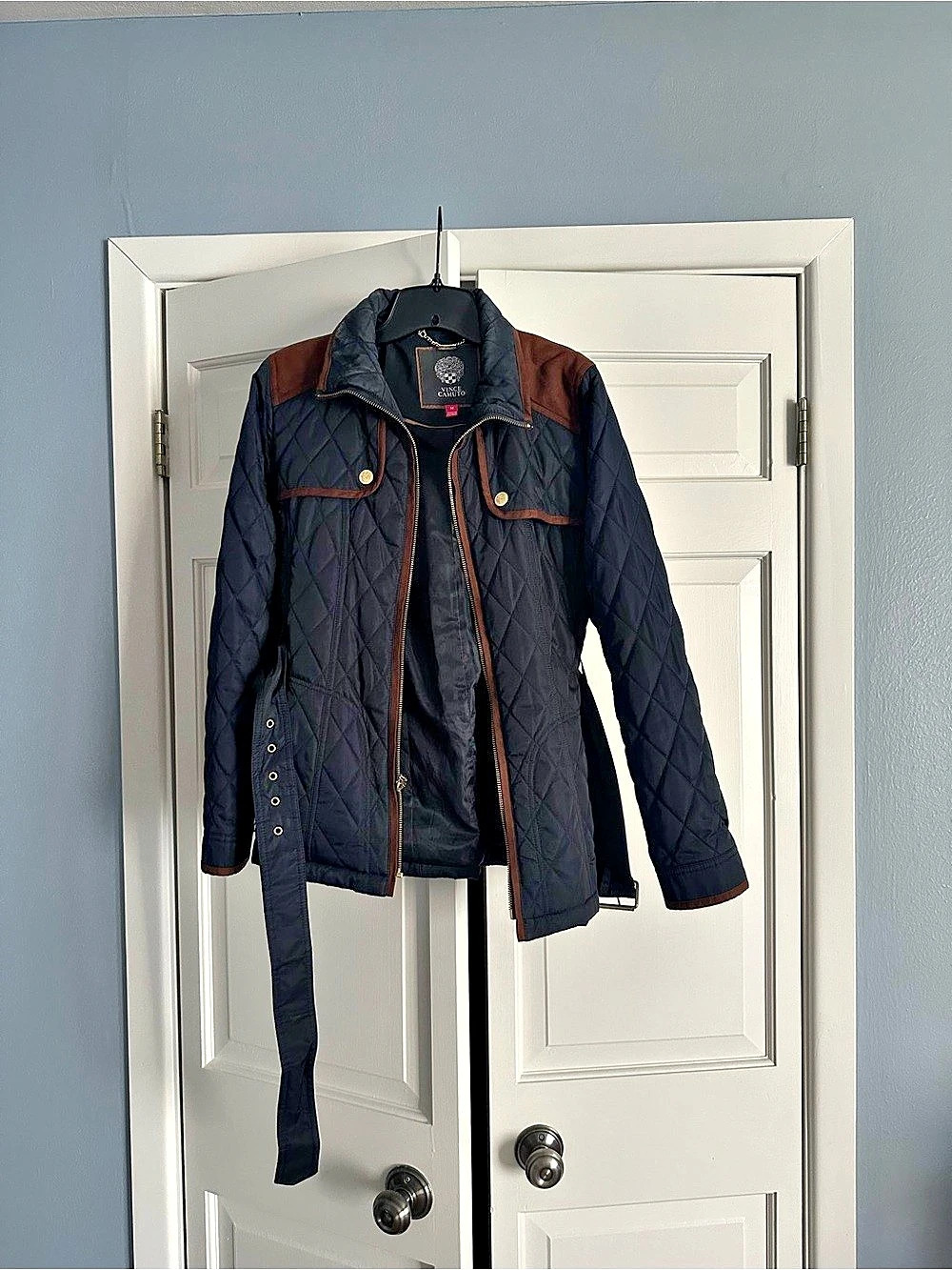 Vince Camuto Diamond Quilted Belted Jacket with Faux Suede Trim Black & Brown